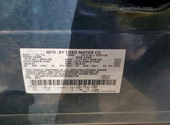 2FMPK3J95GBB89336 2016 FORD EDGE Gray Widok naklejki z numerem VIN