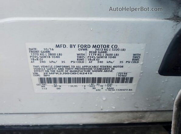 2FMPK3J95GBC62415 2016 FORD EDGE White VIN კოდის სტიკერის ხედი