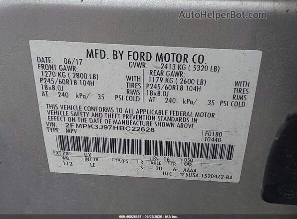 2FMPK3J97HBC22628 2017 FORD EDGE Silver Widok komory silnika