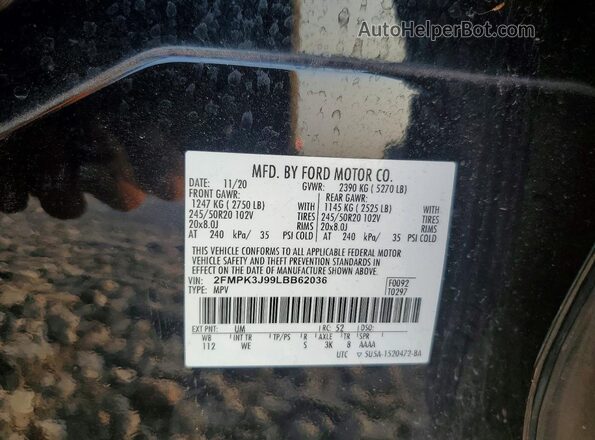 2FMPK3J99LBB62036 2020 FORD EDGE Black VIN კოდის სტიკერის ხედი