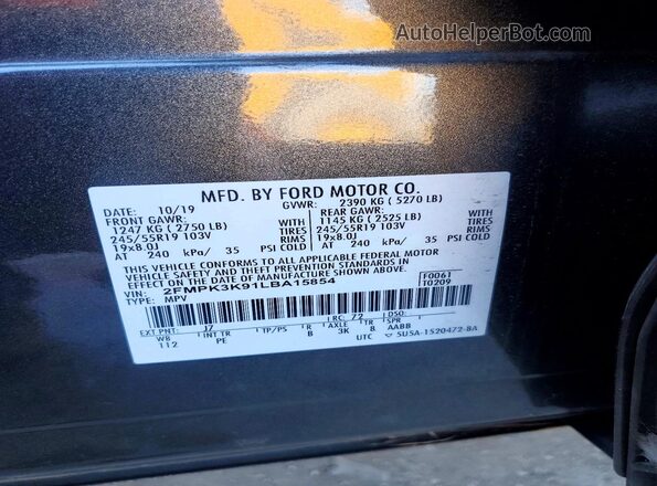 2FMPK3K91LBA15854 2020 FORD EDGE Gray Вид наклейки з VIN-кодом