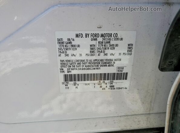 2FMPK3K95GBC34161 2016 FORD EDGE Белый Вид наклейки с VIN-кодом