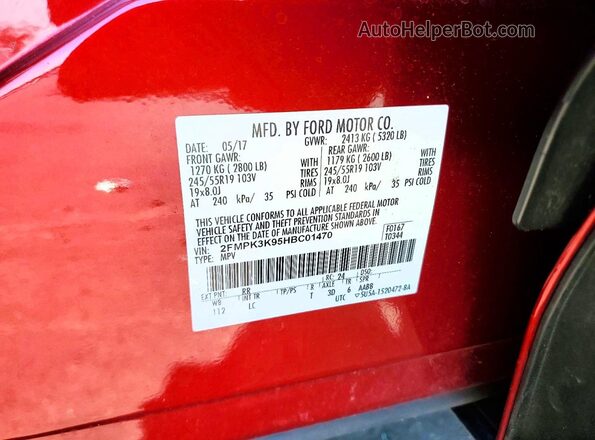 2FMPK3K95HBC01470 2017 FORD EDGE Burgundy Widok wnętrza 360 stopni