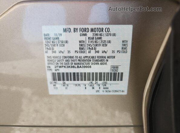 2FMPK3K98LBA39908 2020 FORD EDGE Tan VIN კოდის სტიკერის ხედი