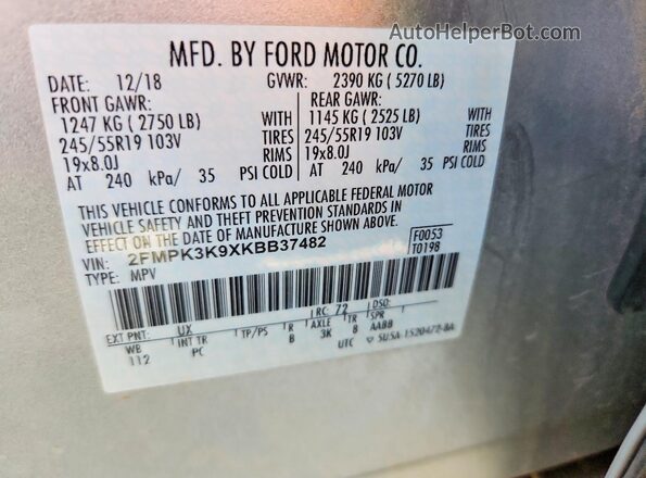 2FMPK3K9XKBB37482 2019 FORD EDGE Silver Engine compartment view