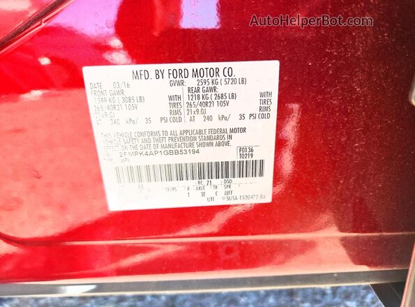 2FMPK4AP1GBB53194 2016 FORD EDGE Red Вид наклейки з VIN-кодом