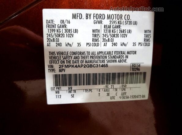 2FMPK4AP2GBC31465 2016 FORD EDGE Burgundy Widok wnętrza 360 stopni