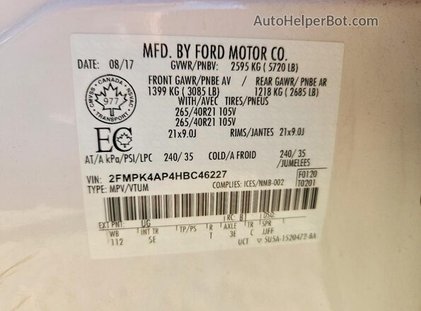 2FMPK4AP4HBC46227 2017 FORD EDGE White Vista del compartimento del motor
