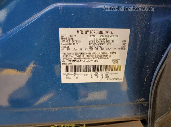 2FMPK4AP4KBC71880 2019 FORD EDGE Blue VIN კოდის სტიკერის ხედი