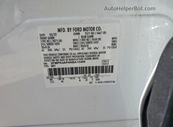 2FMPK4AP6NBA15499 2022 FORD EDGE White Панорамний вид салону 360°