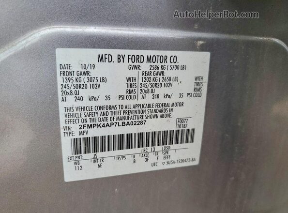 2FMPK4AP7LBA02287 2020 FORD EDGE Silver Սալոնի 360 աստիճան տեսք