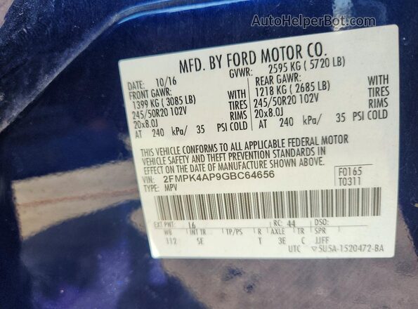2FMPK4AP9GBC64656 2016 FORD EDGE Blue Vista del compartimento del motor