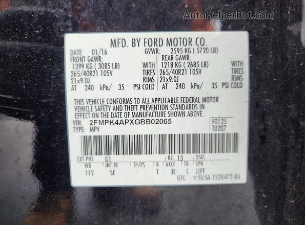 2FMPK4APXGBB02065 2016 FORD EDGE Black Вид наклейки з VIN-кодом