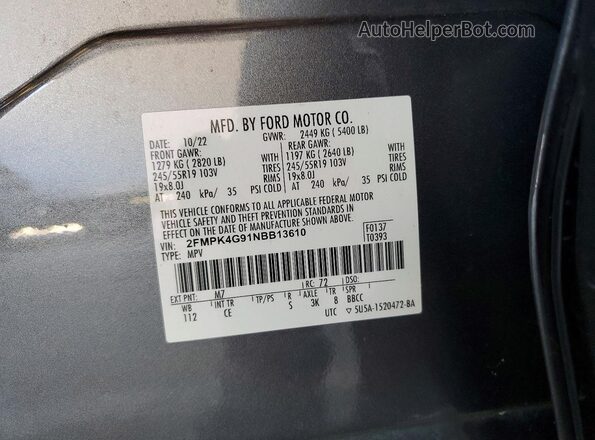 2FMPK4G91NBB13610 2022 FORD EDGE Gray Widok naklejki z numerem VIN