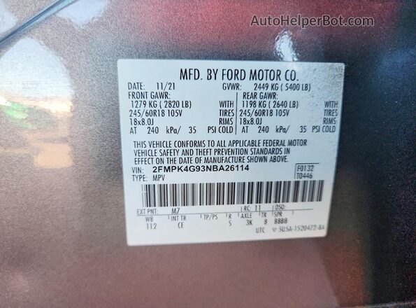 2FMPK4G93NBA26114 2022 FORD EDGE Gray VIN կոդի պիտակի տեսք