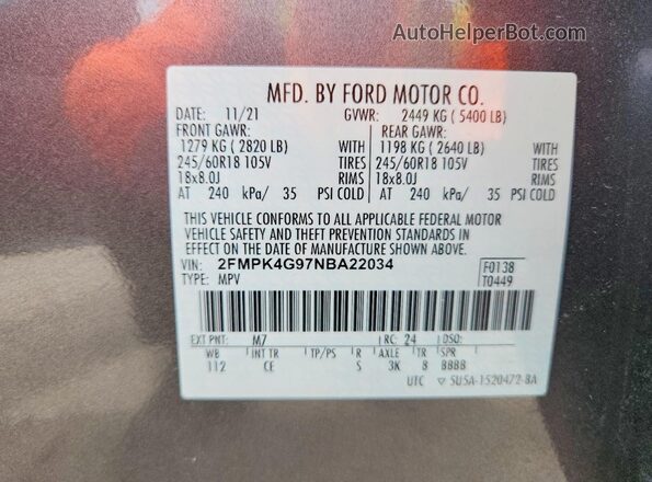 2FMPK4G97NBA22034 2022 FORD EDGE Gray Widok naklejki z numerem VIN