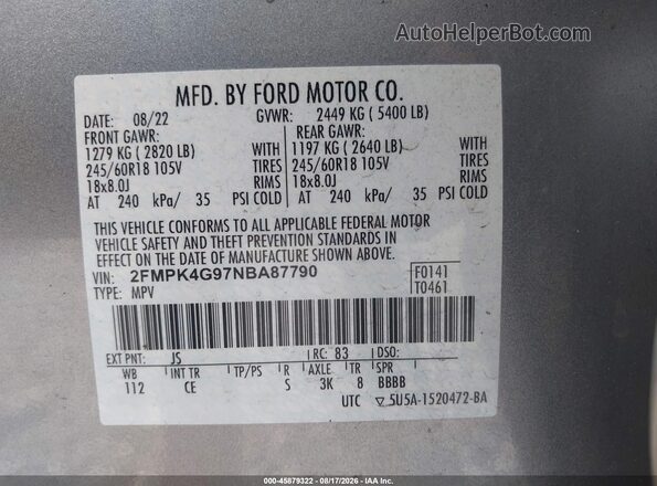 2FMPK4G97NBA87790 2022 FORD EDGE Silver Widok komory silnika