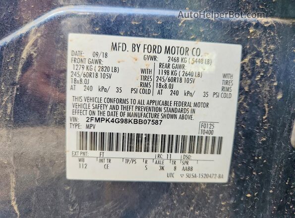 2FMPK4G98KBB07587 2019 FORD EDGE Blue Vista de la etiqueta del VIN