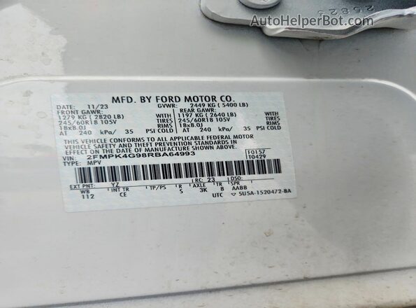 2FMPK4G98RBA64993 2024 FORD EDGE White VIN კოდის სტიკერის ხედი
