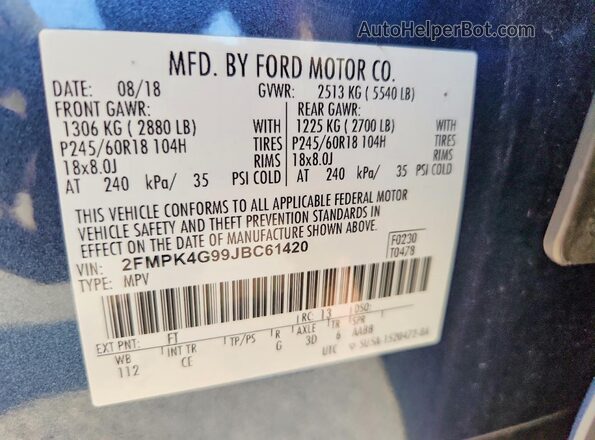 2FMPK4G99JBC61420 2018 FORD EDGE Blue VIN კოდის სტიკერის ხედი