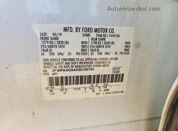 2FMPK4G9XKBC09795 2019 FORD EDGE White Widok naklejki z numerem VIN
