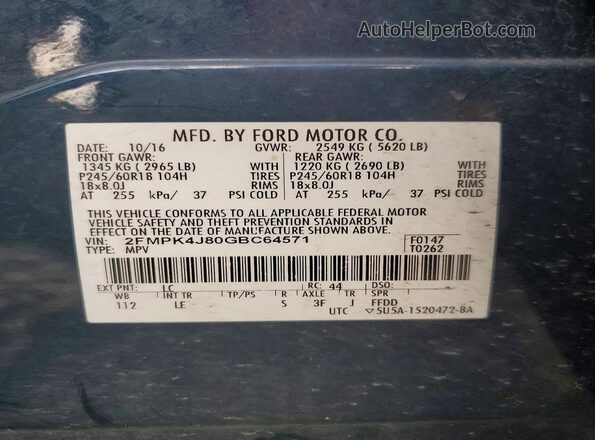 2FMPK4J80GBC64571 2016 FORD EDGE Синий Вид наклейки с VIN-кодом