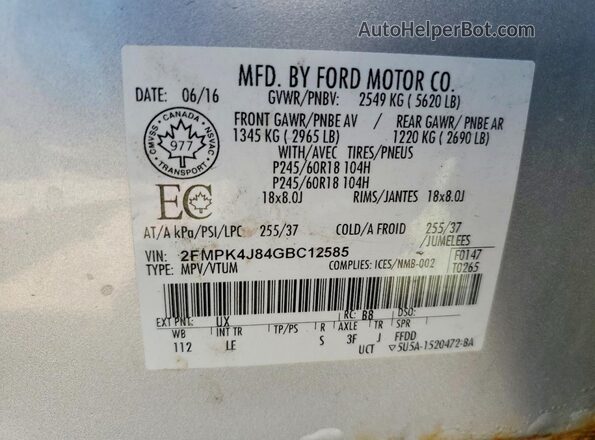 2FMPK4J84GBC12585 2016 FORD EDGE Silver Widok naklejki z numerem VIN