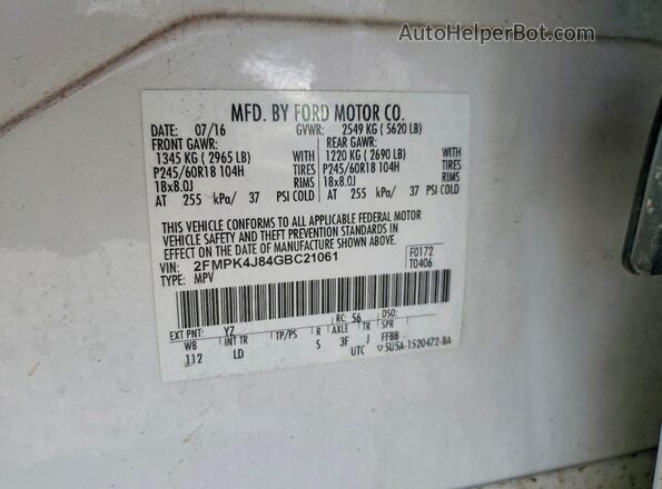 2FMPK4J84GBC21061 2016 FORD EDGE Белый Панорамный вид салона 360°