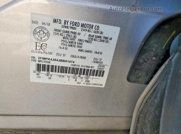 2FMPK4J84JBB81474 2018 FORD EDGE Silver Vista interior de 360 grados