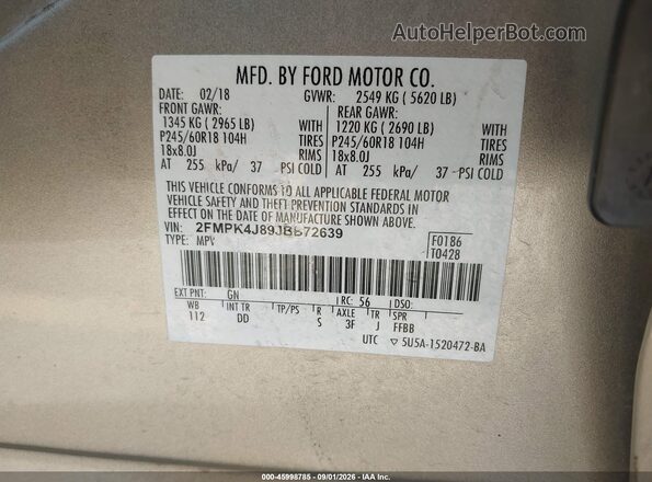 2FMPK4J89JBB72639 2018 FORD EDGE Gold Widok komory silnika