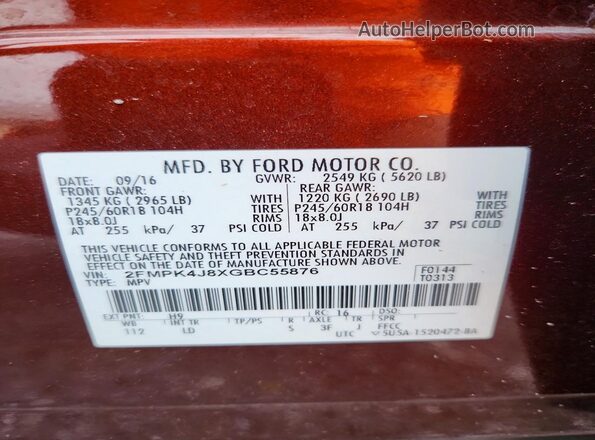 2FMPK4J8XGBC55876 2016 FORD EDGE Burgundy Vista de la etiqueta del VIN