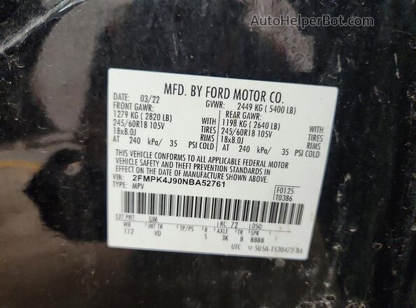 2FMPK4J90NBA52761 2022 FORD EDGE Black Widok naklejki z numerem VIN