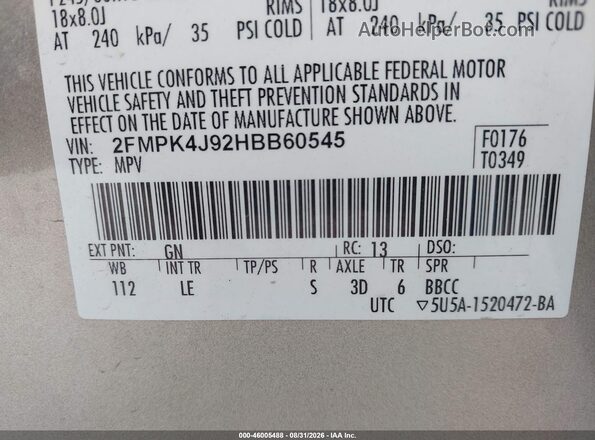 2FMPK4J92HBB60545 2017 FORD EDGE Silver Vista del compartimento del motor