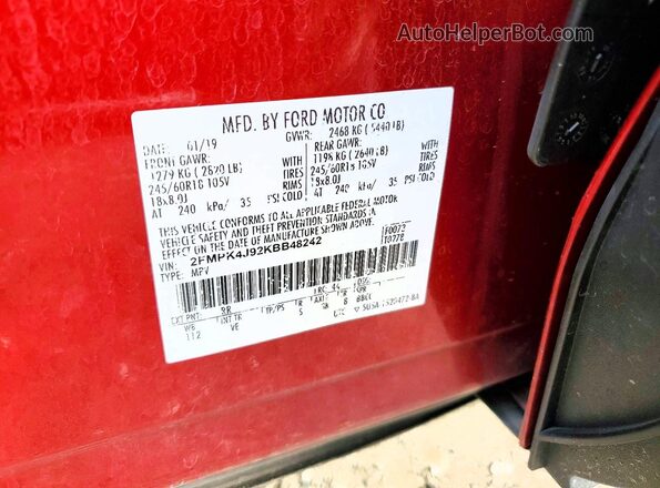 2FMPK4J92KBB48242 2019 FORD EDGE Red VIN կոդի պիտակի տեսք