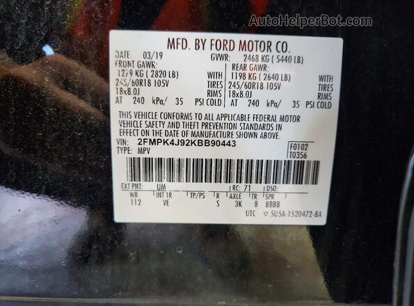 2FMPK4J92KBB90443 2019 FORD EDGE Черный Вид наклейки с VIN-кодом