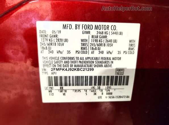 2FMPK4J92KBC21299 2019 FORD EDGE Maroon VIN կոդի պիտակի տեսք