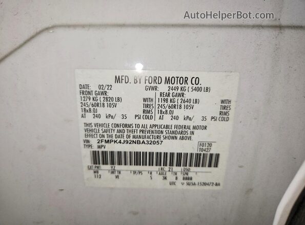 2FMPK4J92NBA32057 2022 FORD EDGE White Vista de la etiqueta del VIN