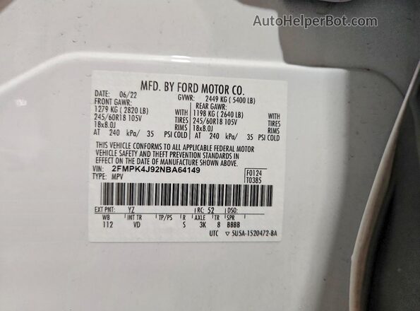 2FMPK4J92NBA64149 2022 FORD EDGE White VIN sticker view