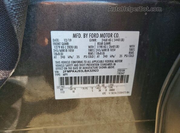 2FMPK4J93LBA32923 2020 FORD EDGE Gray Вид наклейки з VIN-кодом