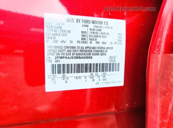 2FMPK4J93MBA05898 2021 FORD EDGE Red Vista del compartimento del motor