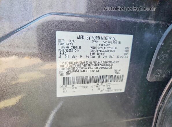 2FMPK4J94HBC30112 2017 FORD EDGE Серый Вид наклейки с VIN-кодом