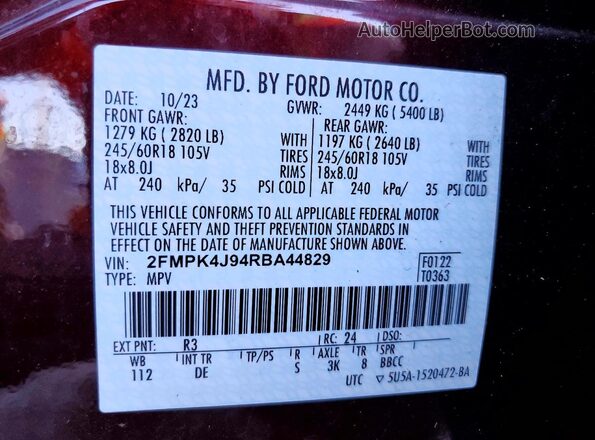 2FMPK4J94RBA44829 2024 FORD EDGE Бордовый Вид наклейки с VIN-кодом