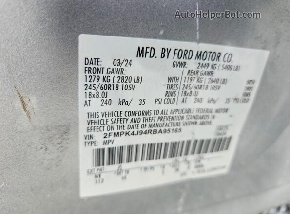 2FMPK4J94RBA95165 2024 FORD EDGE Серебряный Вид наклейки с VIN-кодом