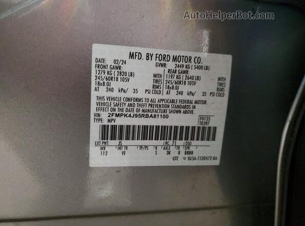 2FMPK4J95RBA81100 2024 FORD EDGE Silver Vista de la etiqueta del VIN