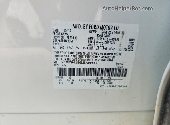 2FMPK4J96LBA09541 2020 FORD EDGE Белый Вид наклейки с VIN-кодом