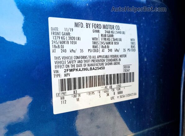 2FMPK4J96LBA25450 2020 FORD EDGE Blue VIN sticker view
