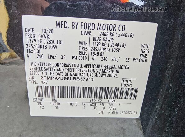 2FMPK4J96LBB37911 2020 FORD EDGE Black Вид наклейки з VIN-кодом