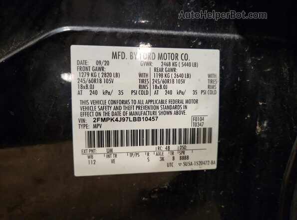 2FMPK4J97LBB10457 2020 FORD EDGE Black Widok naklejki z numerem VIN
