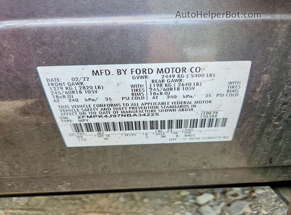 2FMPK4J97NBA34225 2022 FORD EDGE Gray VIN კოდის სტიკერის ხედი