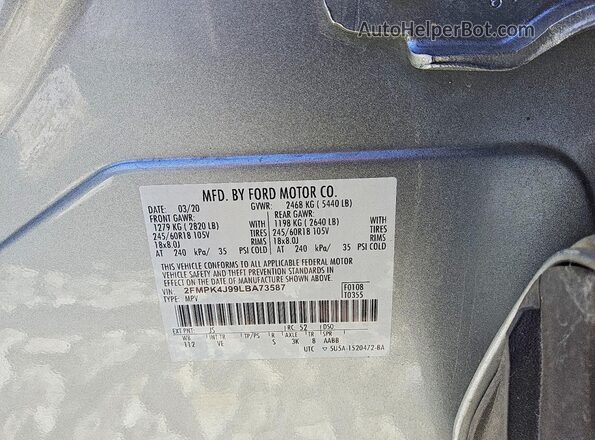 2FMPK4J99LBA73587 2020 FORD EDGE Silver Vista de la etiqueta del VIN